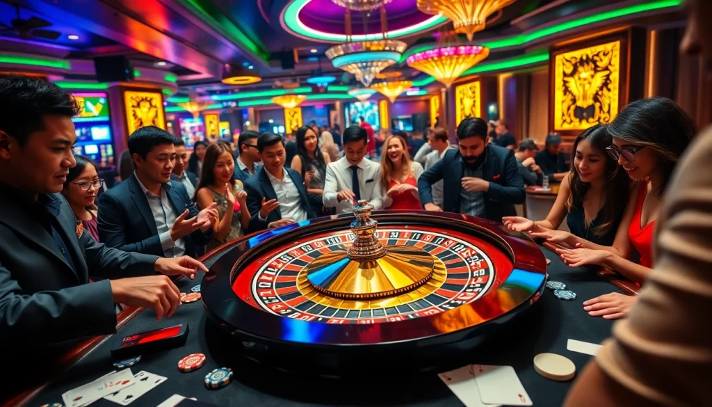 Players engaged around a roulette table, with MMOO emblazoned on the dealer's jacket.
